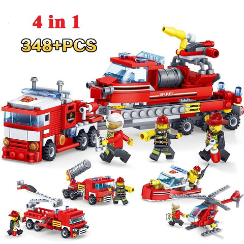 LEGO 348pcs 4 IN1 Fire Fighting Car Helicopter Boat Model Building Blocks City Firefighter Figures Trucks Bricks